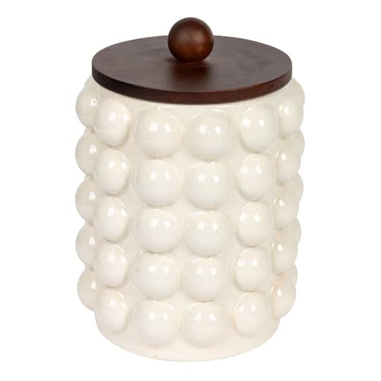 Hello Honey® White Raised Dots Stoneware Canister with Acacia Wood Lid